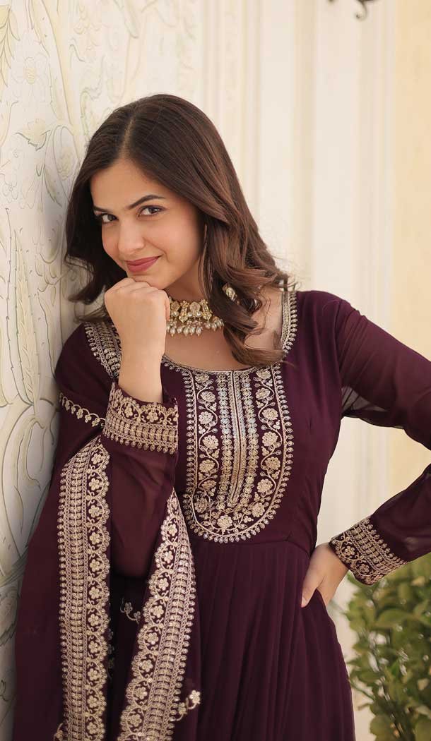 Georgette Sequins Work Function Wear Readymade Gown In Wine - 9602188273