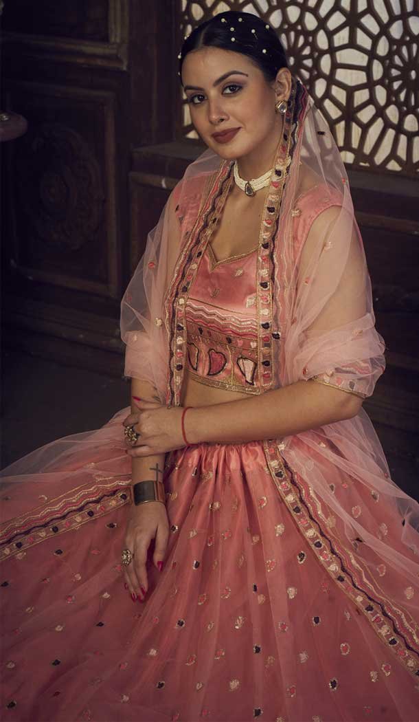 Net Embroidered Party Wear Lehenga Choli In Peach - 9606188308