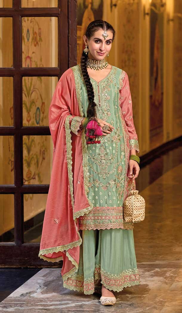 Pista Green Chinnon Embroidered Party Wear Readymade Palazzo Salwar Suit - 9612188333