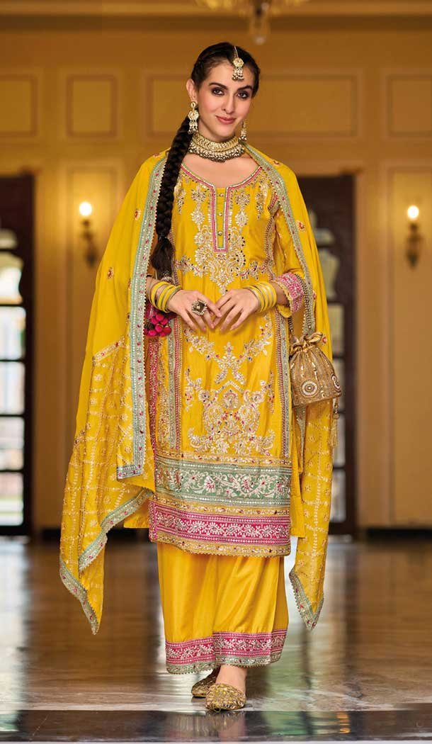 Yellow Chinnon Embroidered Party Wear Readymade Palazzo Salwar Suit - 9612188334