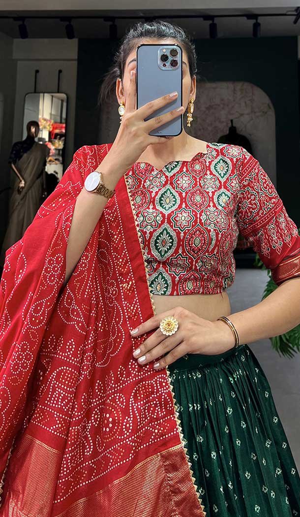 Bottle Green Tussar Silk Foil Printed Work Navratri Wear Chaniya Choli - 9667188689