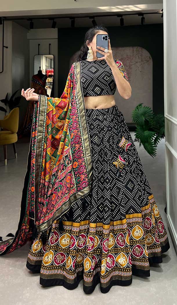Tussar Silk Foil Printed Work Navratri Wear Chaniya Choli In Black - 9667188692