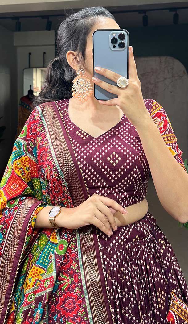 Wine Tussar Silk Foil Printed Work Navratri Wear Chaniya Choli - 9667188694