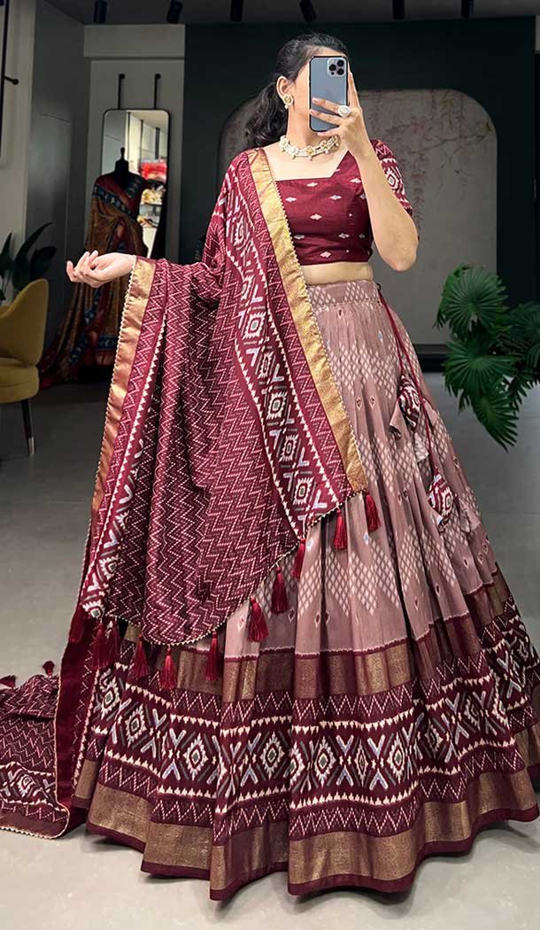 Tussar Silk Foil Printed Work Navratri Wear Chaniya Choli In Maroon - 9668188695