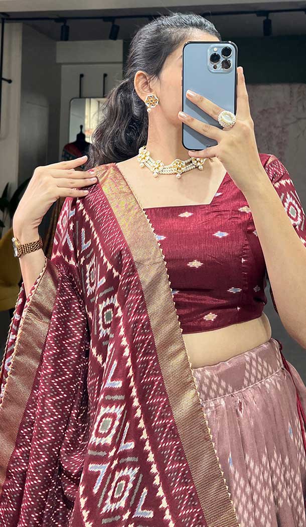 Tussar Silk Foil Printed Work Navratri Wear Chaniya Choli In Maroon - 9668188695