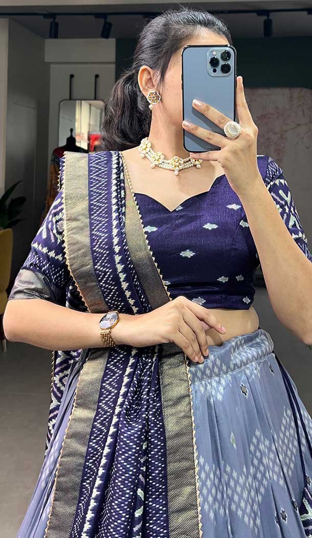 Tussar Silk Foil Printed Work Navratri Wear Chaniya Choli In Navy Blue - 9668188696