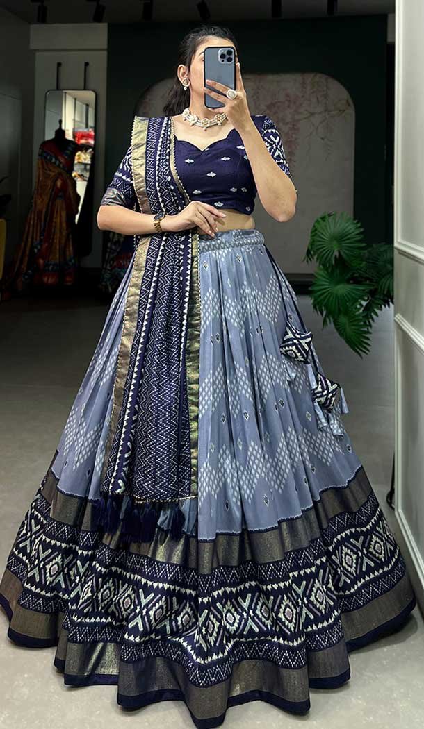Tussar Silk Foil Printed Work Navratri Wear Chaniya Choli In Navy Blue - 9668188696