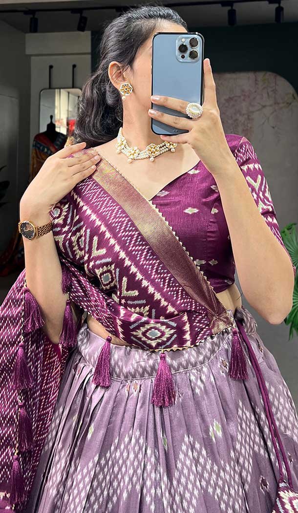 Tussar Silk Foil Printed Work Navratri Wear Chaniya Choli In Wine - 9668188697