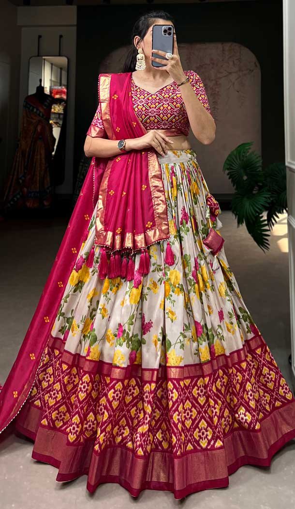 Tussar Silk Foil Printed Work Navratri Wear Chaniya Choli In Rani - 9668188699