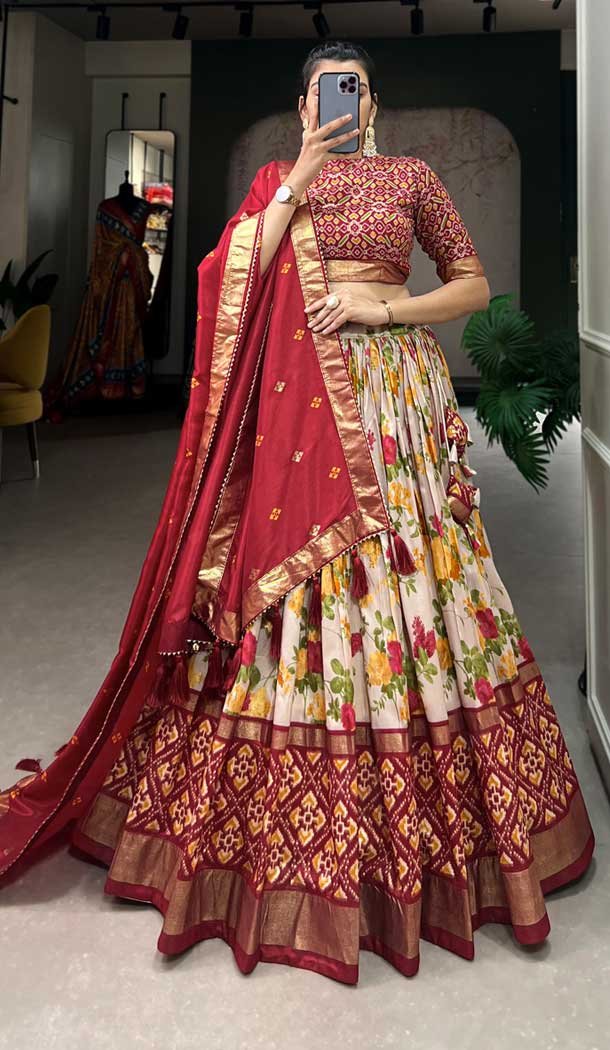 Tussar Silk Foil Printed Work Navratri Wear Chaniya Choli In Red - 9668188700