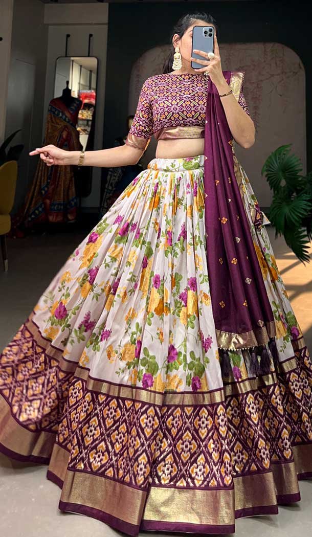 Tussar Silk Foil Printed Work Navratri Wear Chaniya Choli In Off White - 9668188701