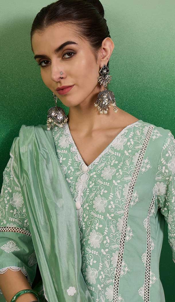 Cotton Embroidered Party Wear Readymade Salwar Kameez In Sea Green - 143167970