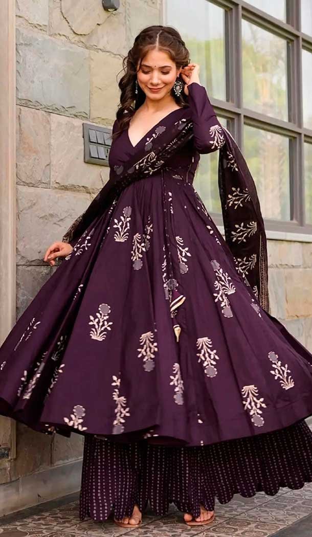 Maslin Digital Printed Festival Wear Readymade Salwar Kameez In Purple - 143648258