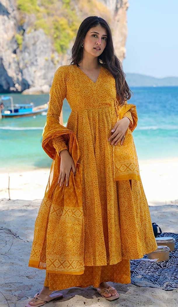 Maslin Digital Printed Festival Wear Readymade Salwar Kameez In Mustard - 143648260