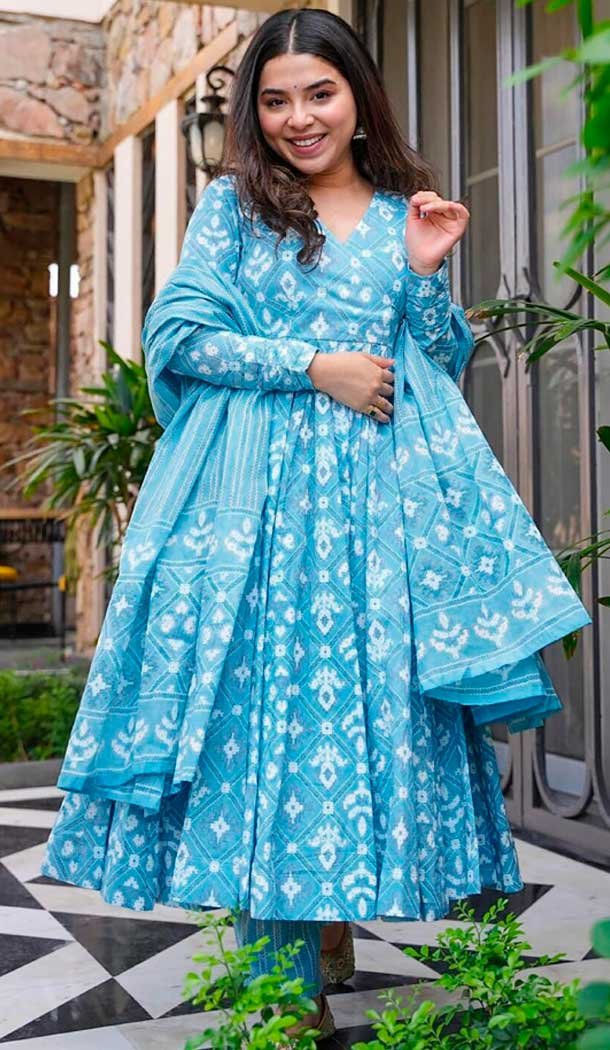 Sky Blue Maslin Digital Printed Festival Wear Readymade Salwar Kameez - 143648265