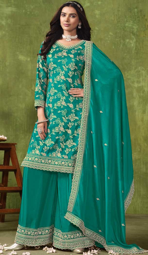 Rama Green Dola Silk Embroidered Party Wear Palazzo Salwar Suit - 144218615