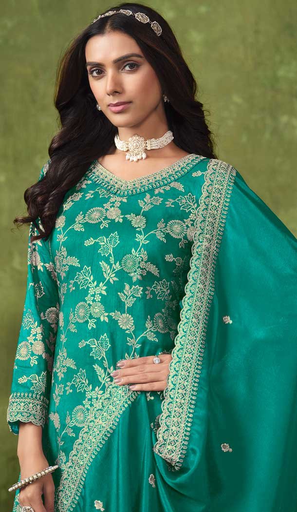 Rama Green Dola Silk Embroidered Party Wear Palazzo Salwar Suit - 144218615