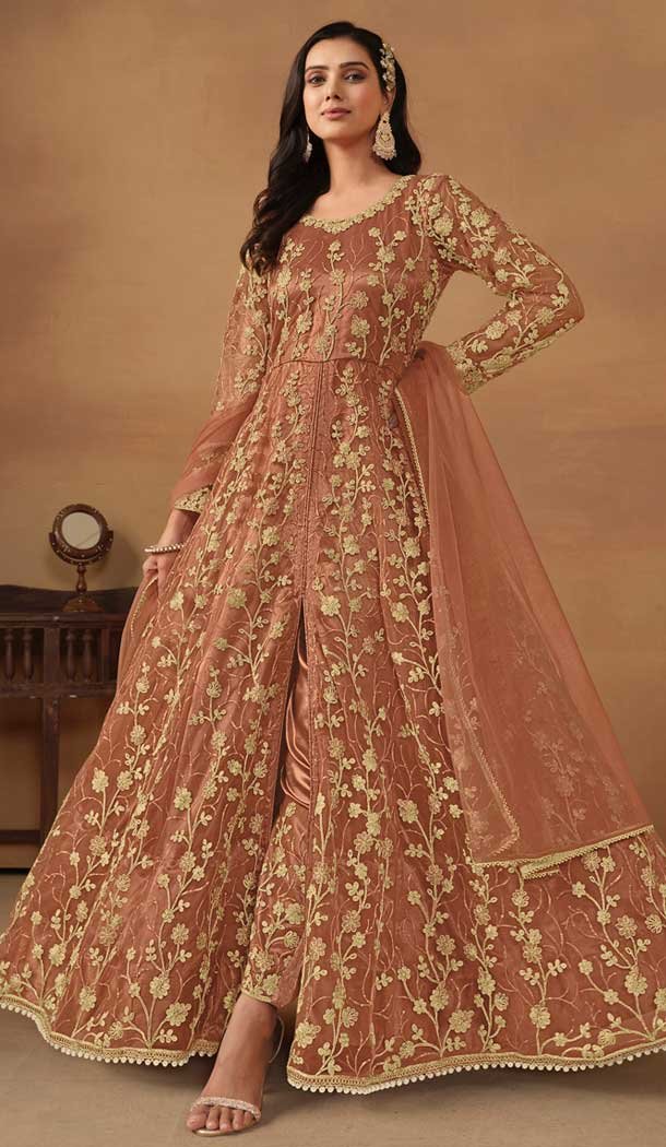 Rust Net Embroidery Work Anarkali Style Designer Salwar Suit - 144438762