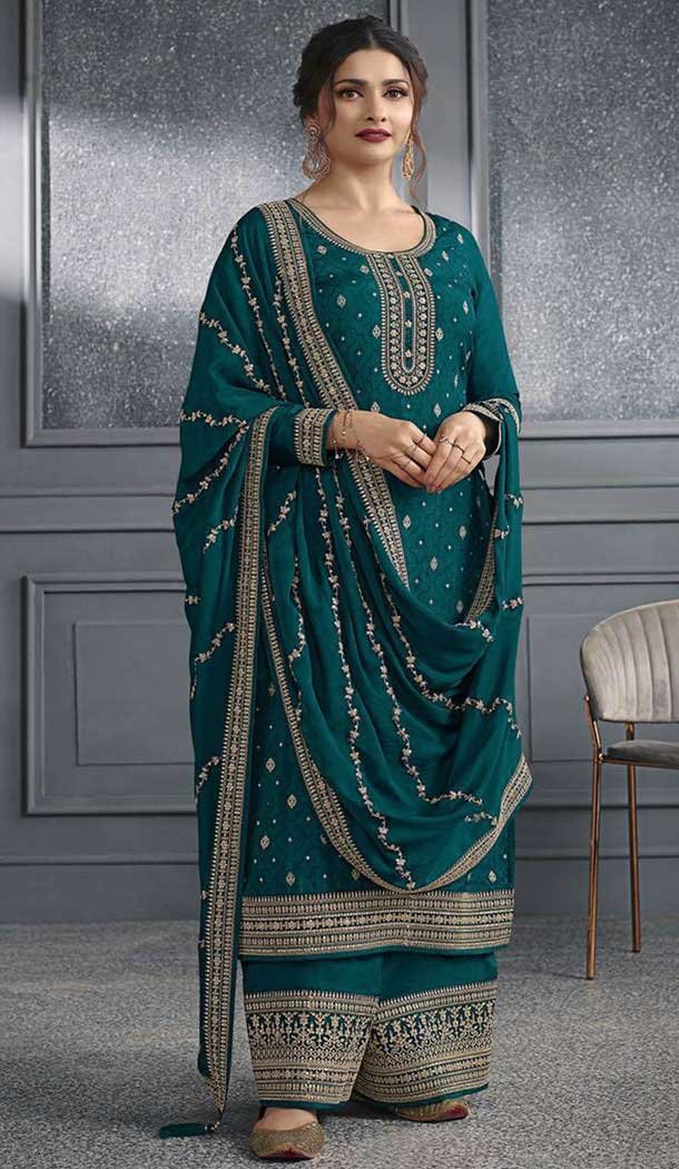 Teal Green Dola Silk Embroidered Prachi Desai Palazzo Suit - 144939095