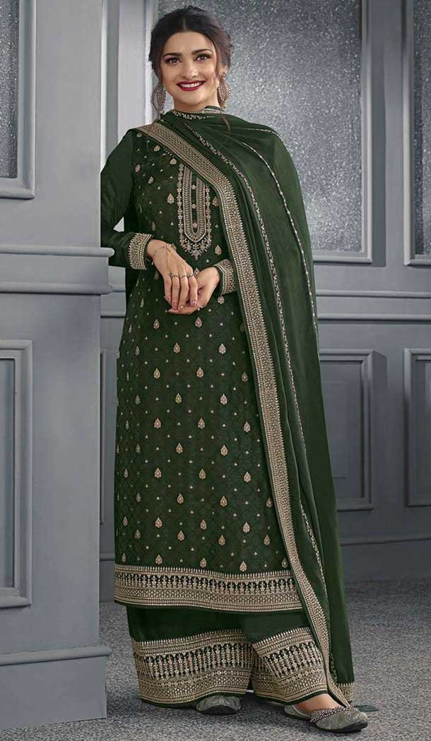 Green Dola Silk Embroidered Prachi Desai Palazzo Suit - 144939098