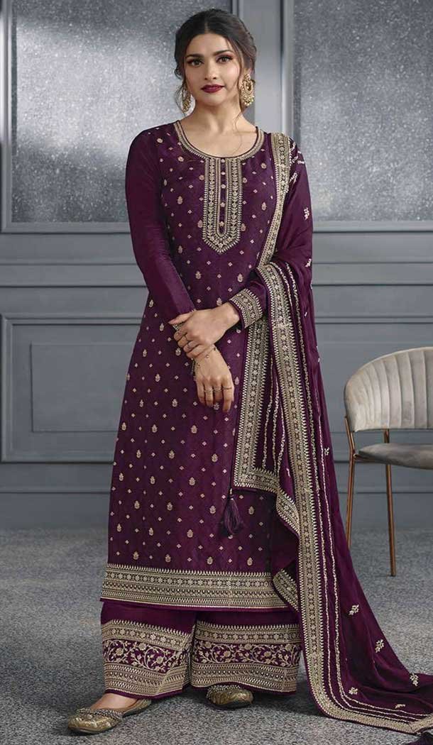 Purple Dola Silk Embroidered Prachi Desai Palazzo Suit - 144939099