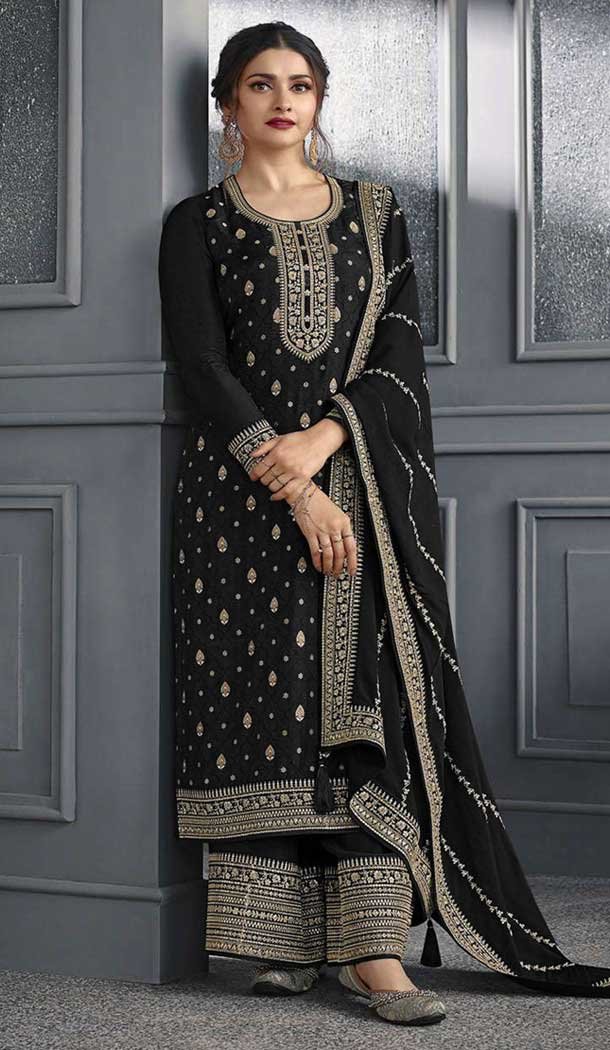 Black Dola Silk Embroidered Prachi Desai Palazzo Suit - 144939102