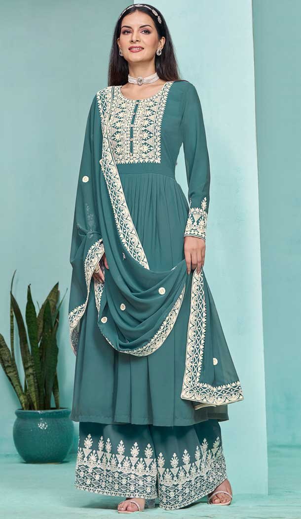Teal Georgette Embroidered Party Wear Palazzo Salwar Kameez - 145549450