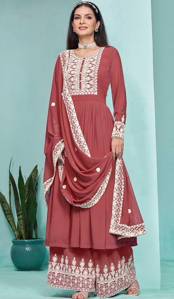 Rust Georgette Embroidered Party Wear Palazzo Salwar Kameez - 145549451