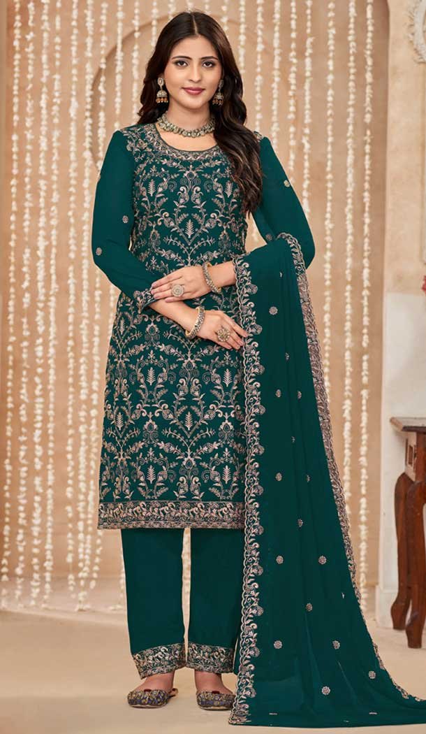 Faux Georgette Embroidered Designer Salwar Suit In Rama Green Color - 145569456