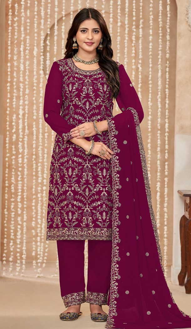 Faux Georgette Embroidered Designer Salwar Suit In Burgundy - 145569459