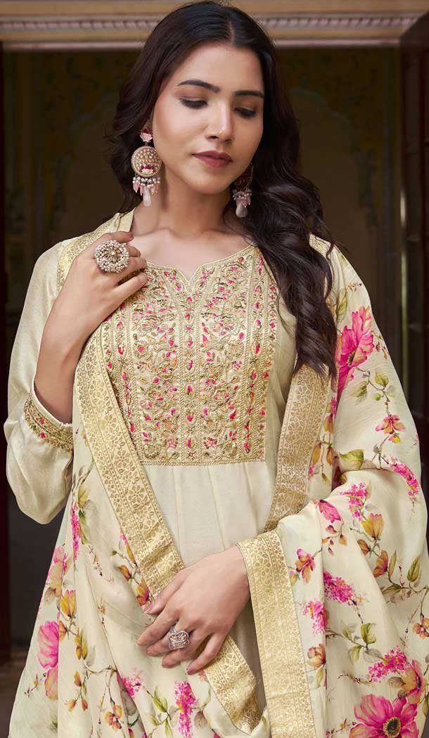 Vichitra Silk Embroidery Work Anarkali Style Salwar Suit In Cream - 145579463