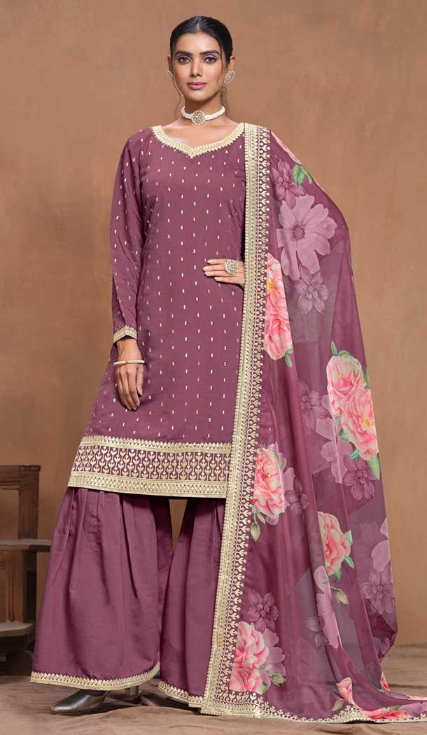 Burgundy Roman Silk Embroidered Party Wear Palazzo Suit - 145599469