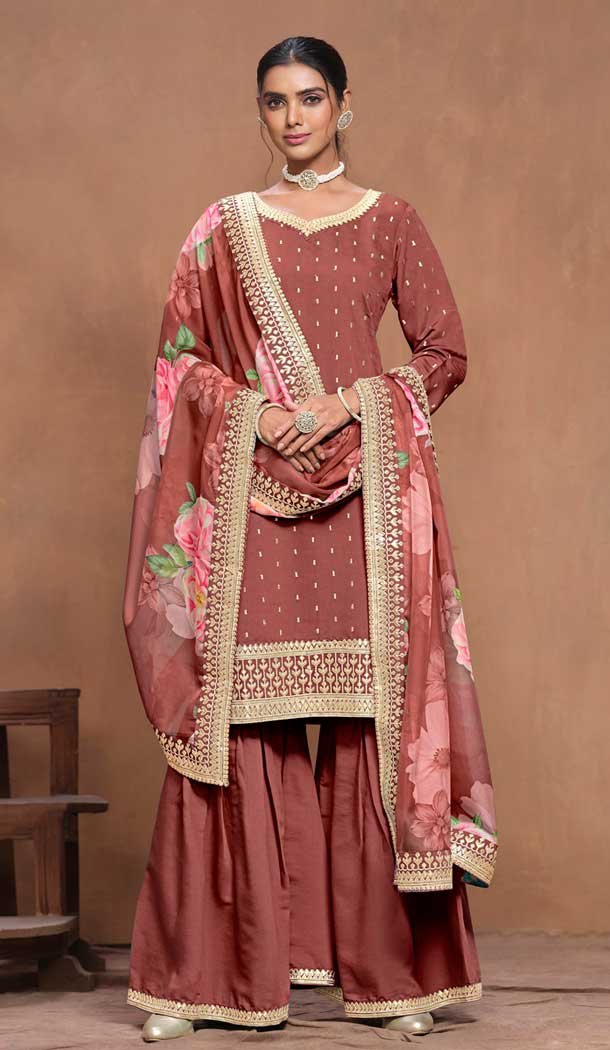 Brown Roman Silk Embroidered Party Wear Palazzo Suit - 145599472