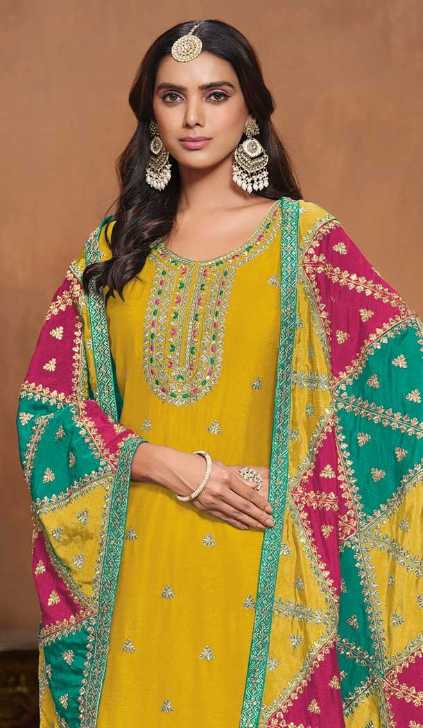 Chinon Embroidered Party Wear Designer Salwar Suit In Yellow - 146279888