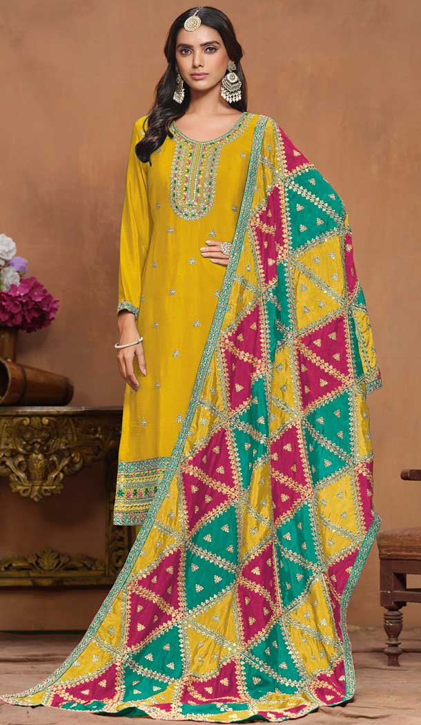 Chinon Embroidered Party Wear Designer Salwar Suit In Yellow - 146279888