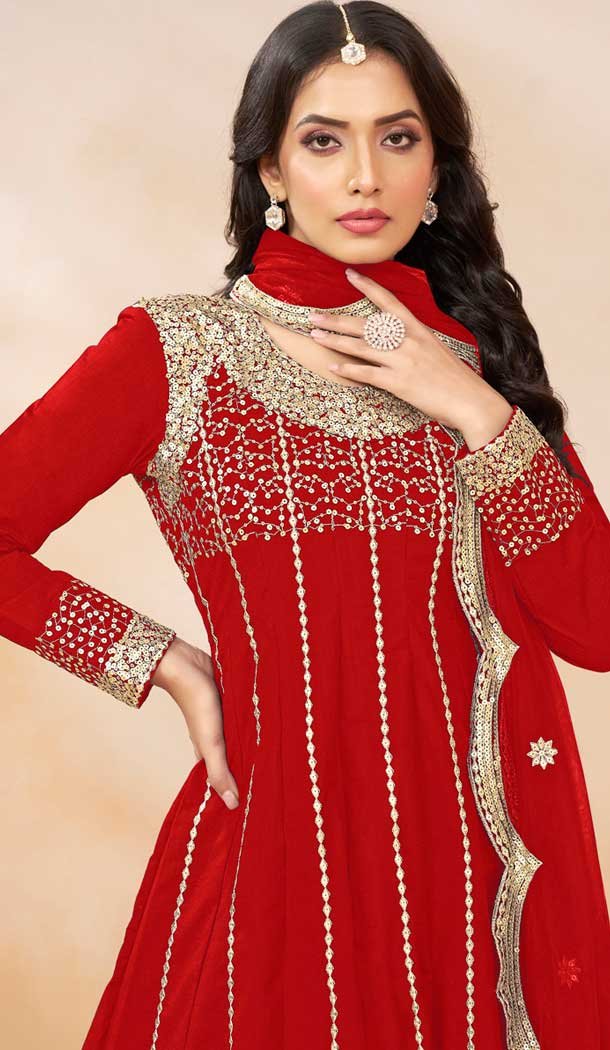 Art Silk Sequins Embroidered Party Wear Dhoti Style Salwar Suit In Red - 146511034