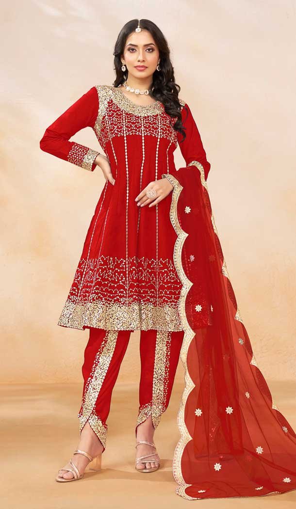 Art Silk Sequins Embroidered Party Wear Dhoti Style Salwar Suit In Red - 146511034