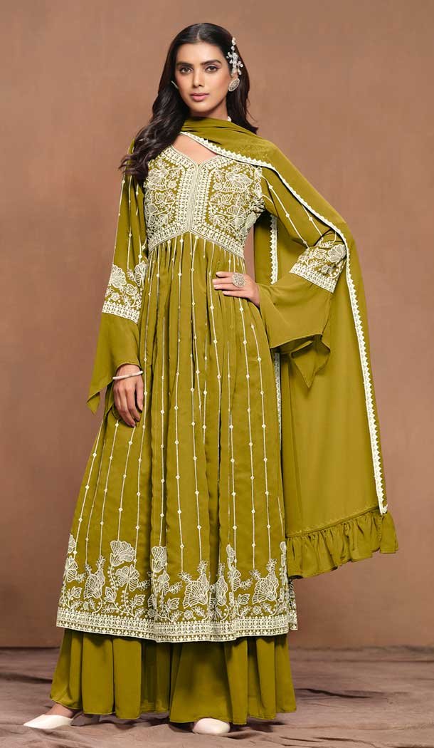 Green Faux Georgette Embroidered Designer Sharara Suit - 146661111