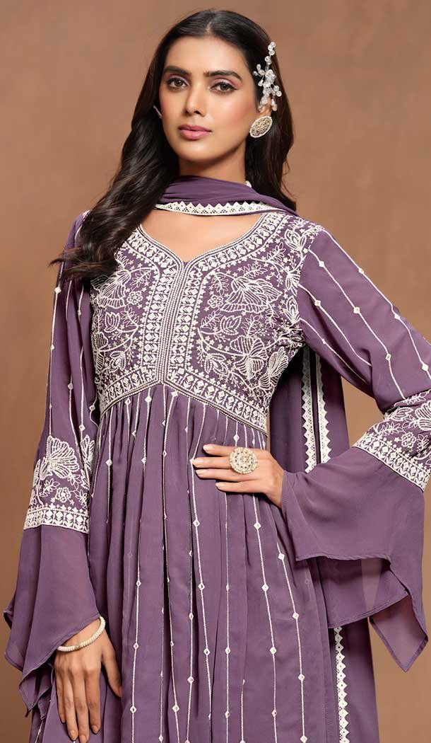 Purple Faux Georgette Embroidered Designer Sharara Suit - 146661112