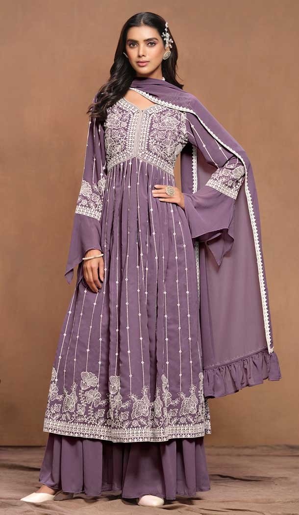 Purple Faux Georgette Embroidered Designer Sharara Suit - 146661112
