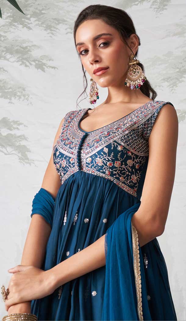 Georgette Sequence Embroidered Designer Salwar Suit In Teal Blue - 146691131