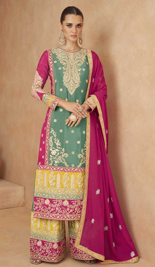 Green Chinon Embroidered Designer Palazzo Salwar Kameez - 146821201