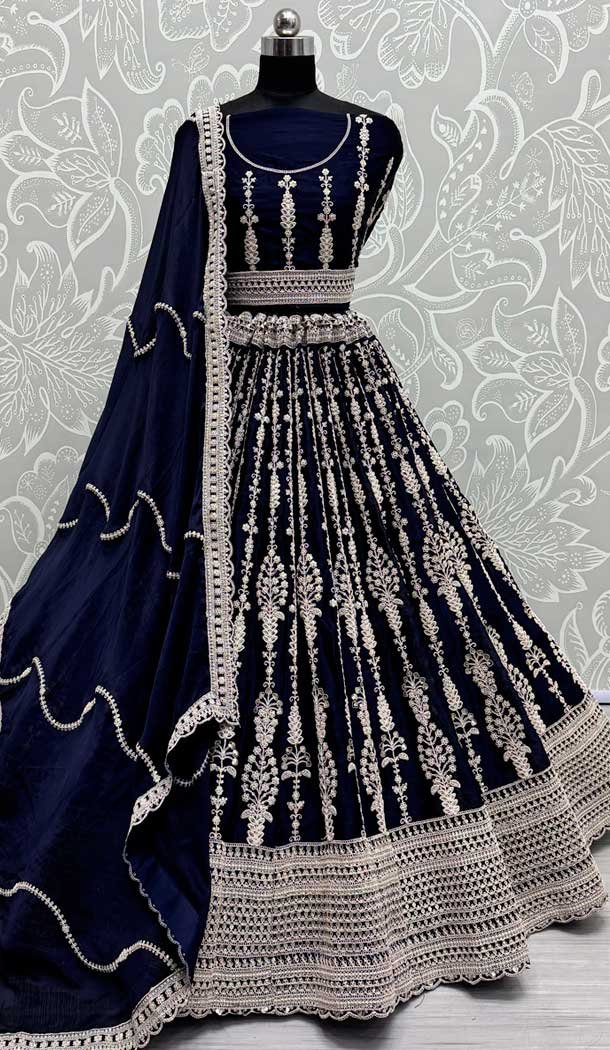 Satin Sequence Embroidered Wedding Wear Lehenga Choli In Blue - 146921244
