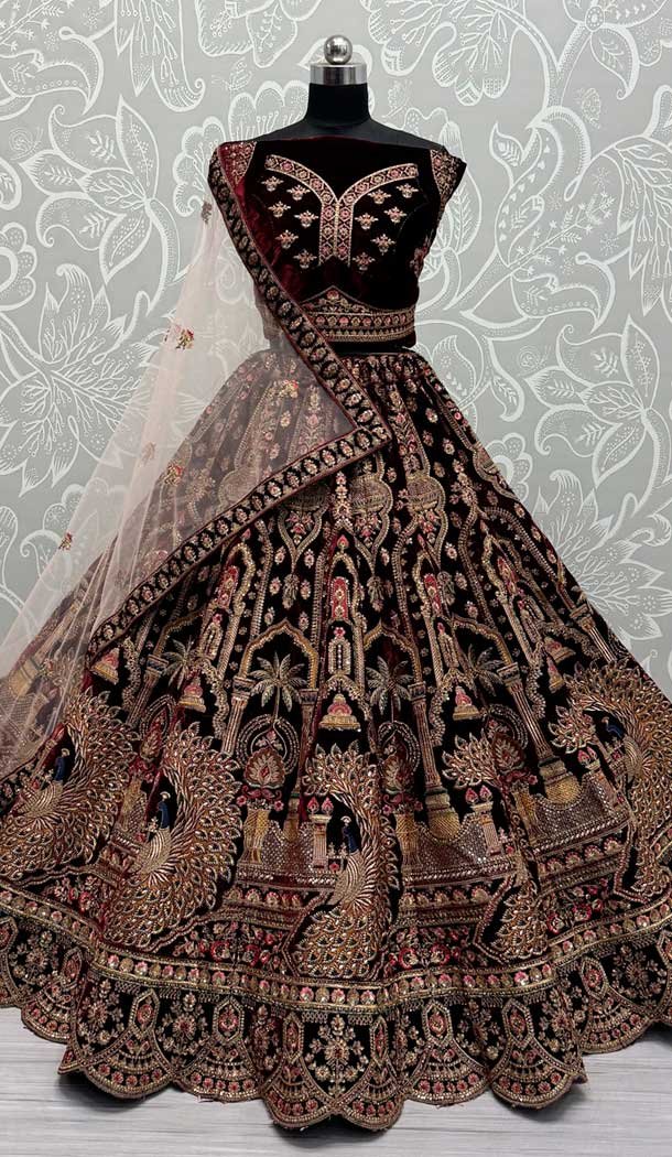 Velvet Sequence Embroidered Wedding Wear Lehenga Choli In Maroon - 146931247