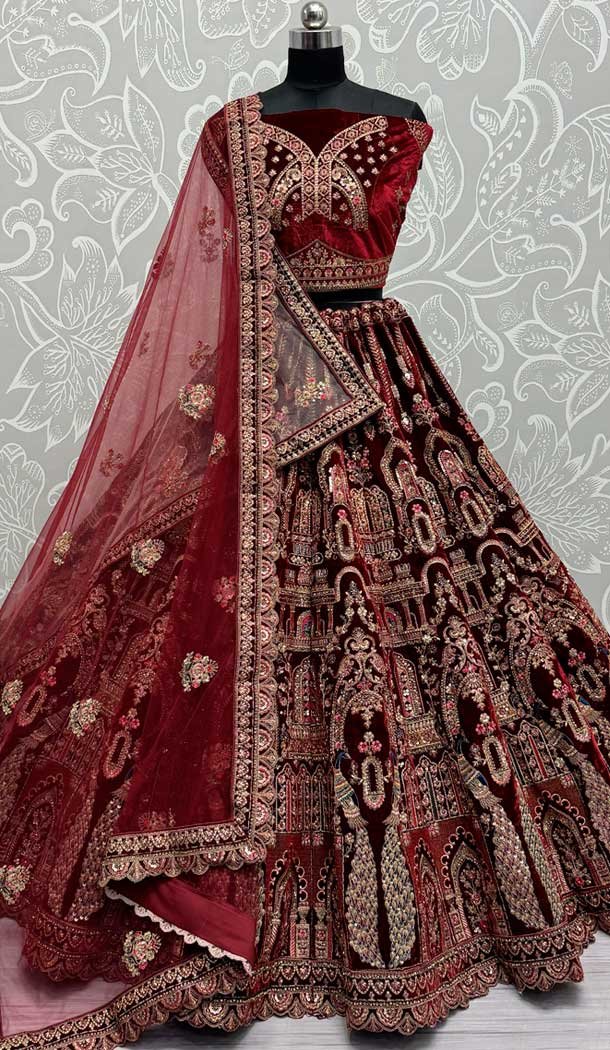 Velvet Sequence Embroidered Maroon Wedding Wear Lehenga Choli - 146931249