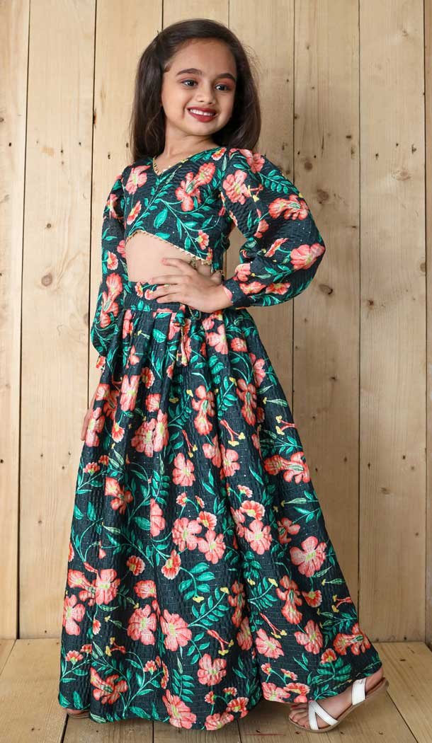 Green Chinon Digital Printed Kids Girls Readymade Lehenga Choli - 147291473