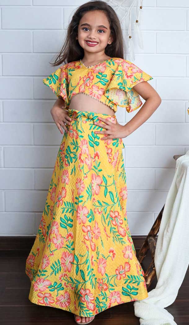 Chinon Digital Printed Kids Girls Readymade Lehenga Choli In Yellow - 147291474