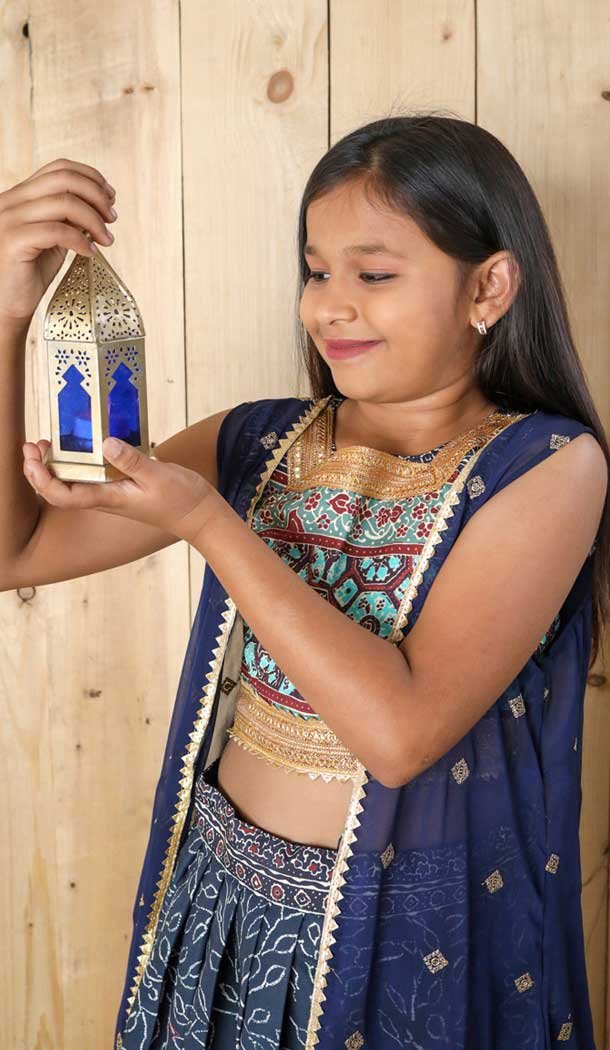 Blue Silk Digital Printed Kids Girls Readymade Lehenga Choli - 147291476