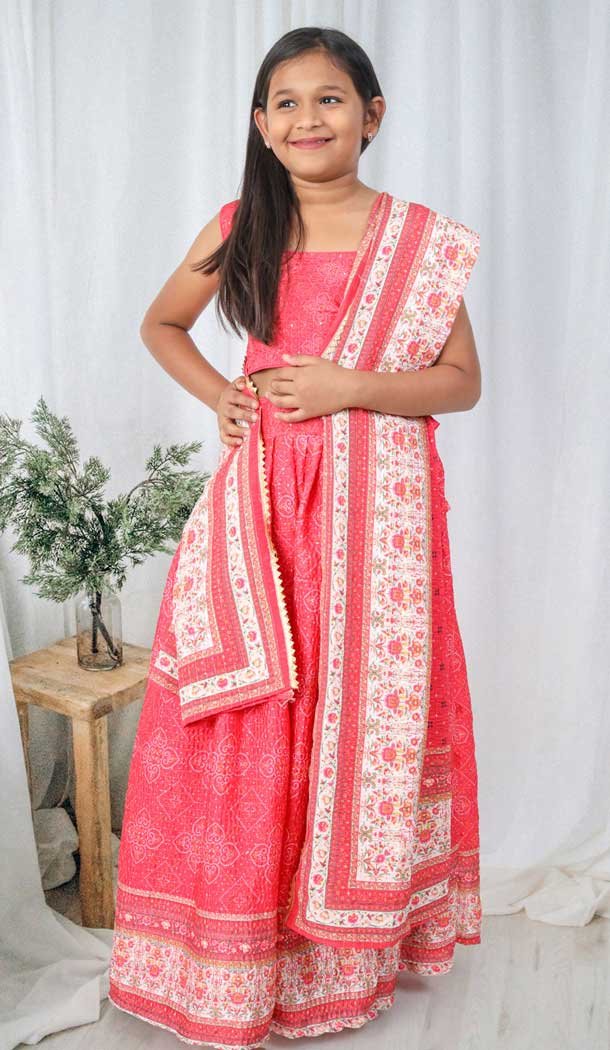 Pink Chinon Digital Printed Kids Girls Readymade Lehenga Choli - 147291477