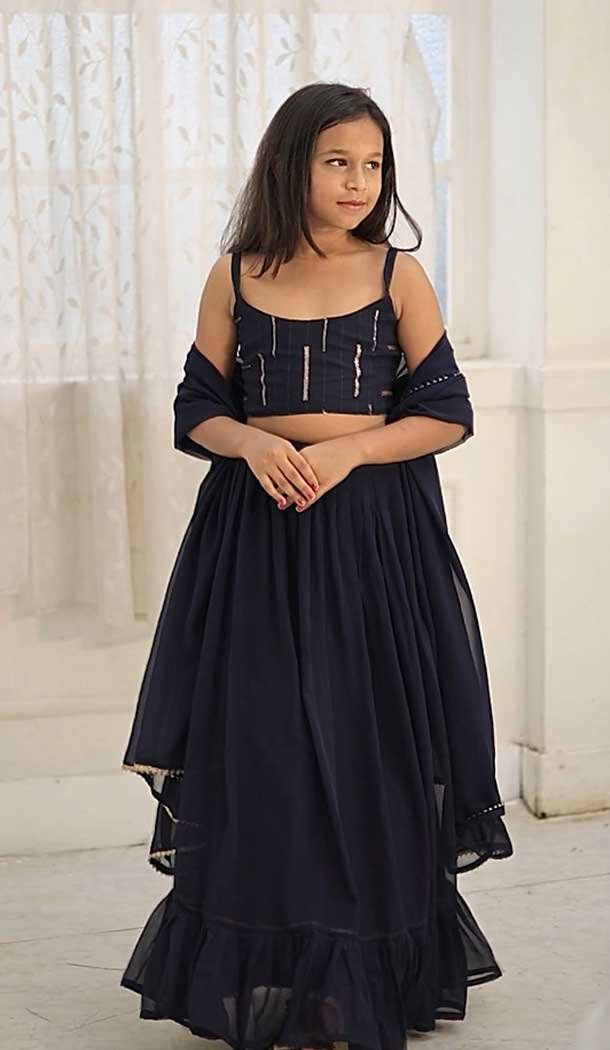 Navy Blue Faux Georgette Digital Printed Kids Girls Readymade Lehenga Choli - 147291478